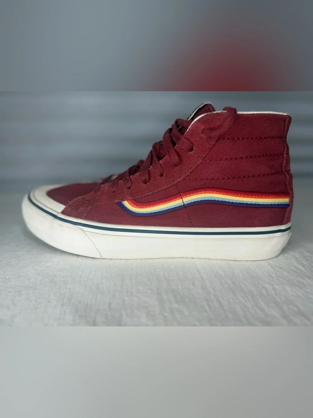 Vans SK8 Burgundy High-Top Sneakers with Rainbow Stripe M8/W9.5